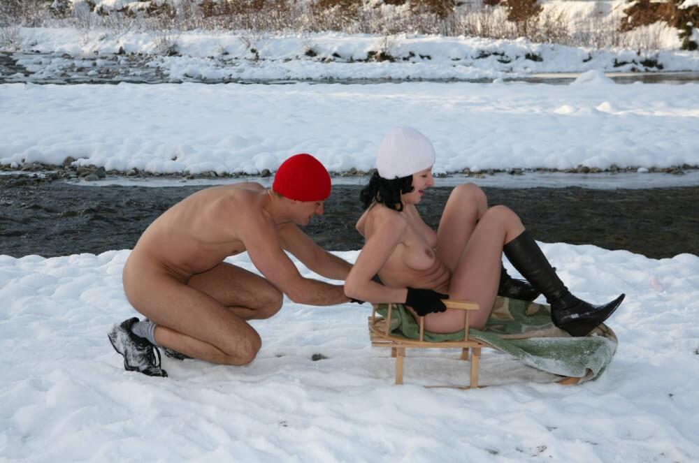 Naturist Girl Snow Day Couples Sled pics - A spontaneous movement toward nudity